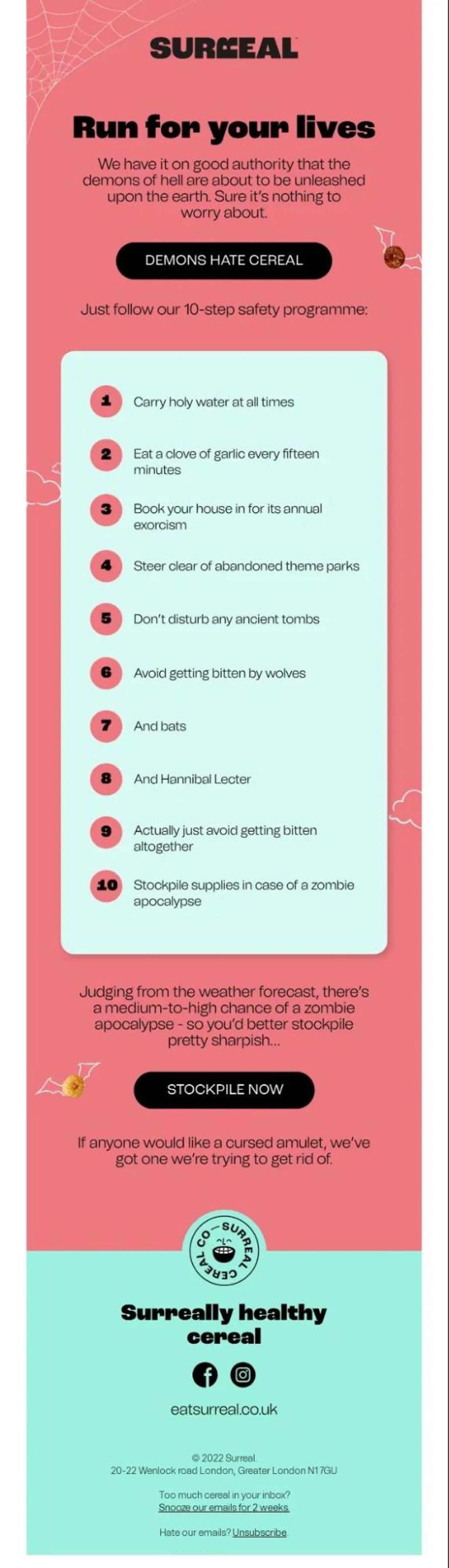 A Halloween-themed email from Surreal cereal featuring a humorous "10-step safety programme" against supernatural threats, with bat-winged cereal graphics.