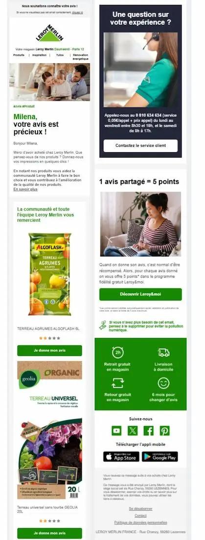 Email promotion de Leroy Merlin avec des avis clients, produits de jardinage, et informations de contact pour le service client.