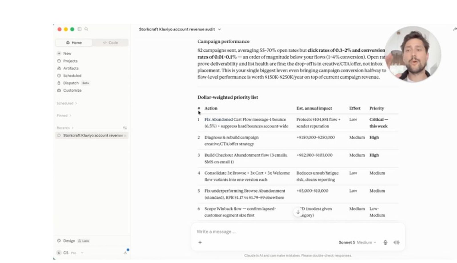 A computer screen displays a Klaviyo revenue audit document with campaign performance and a priority list, partially obscured by a video call of a man.