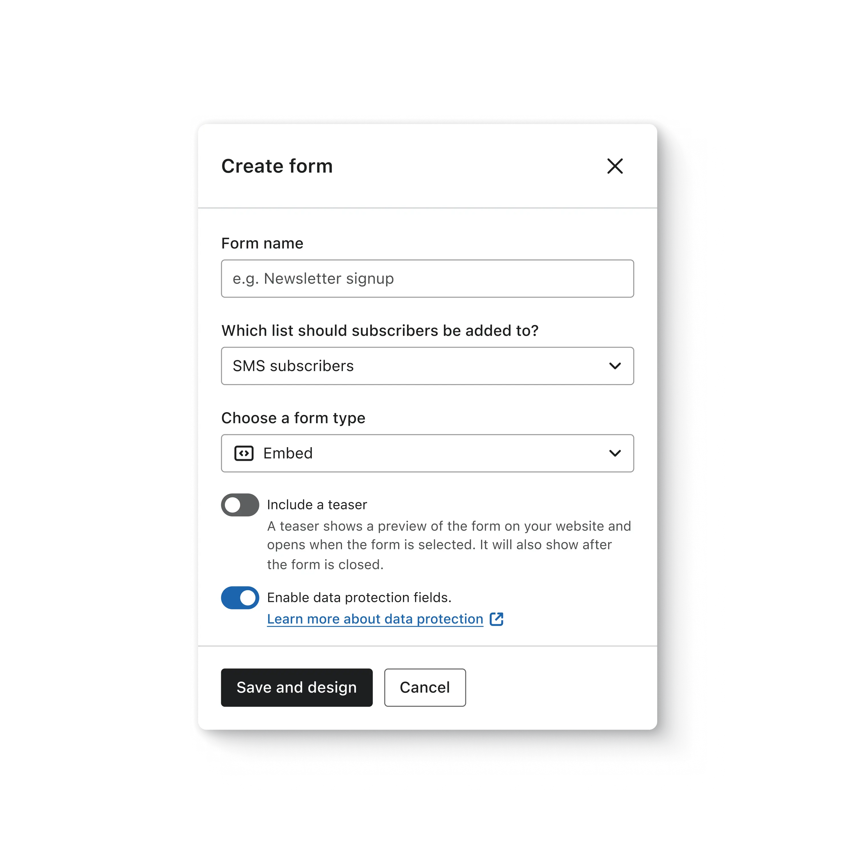 Initial settings for creating a new form: form name, list to add subscribes to, form type, plus options for teasers or data protection fields.