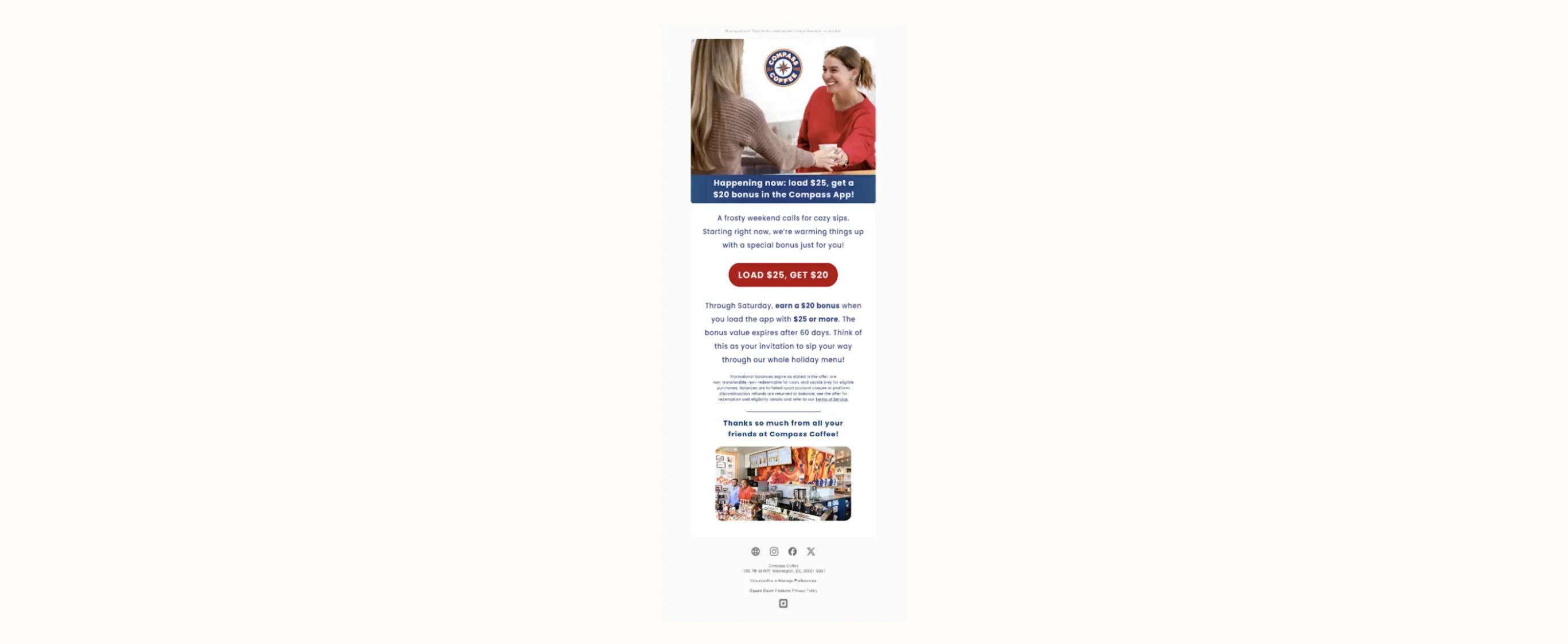 Promotional email from Compass Coffee offering a $20 bonus for loading $25 in the app. Includes images of people and a coffee shop.