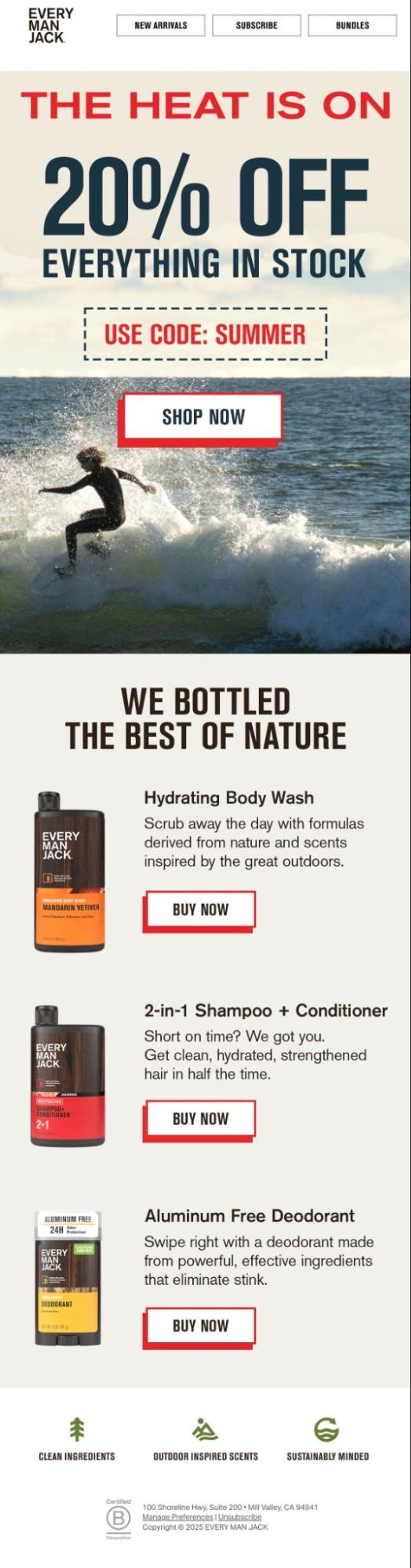 Every Man Jack ad: 20% off everything with code SUMMER, featuring a surfer and showcasing body wash, shampoo, and deodorant.