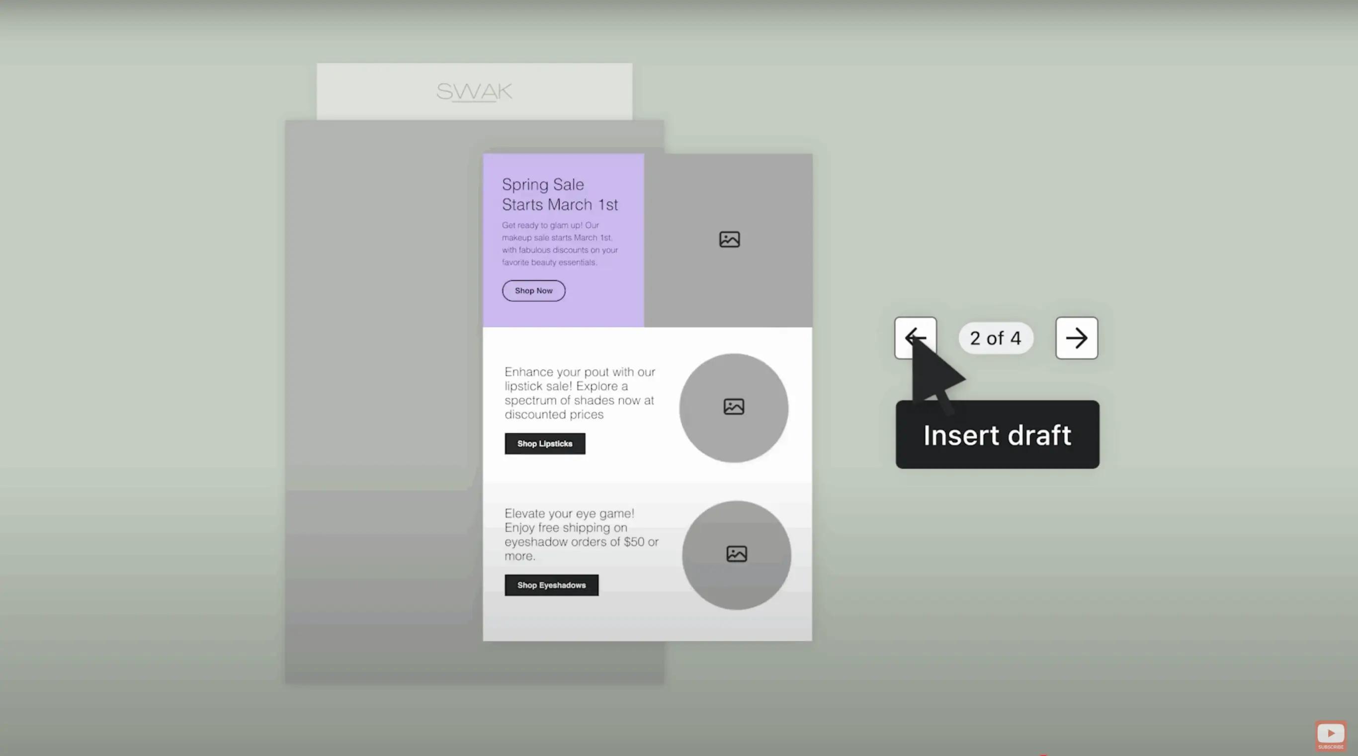 Email template design featuring a spring sale announcement with "Shop Now" and "Shop Lipsticks" buttons. Cursor on "Insert draft".