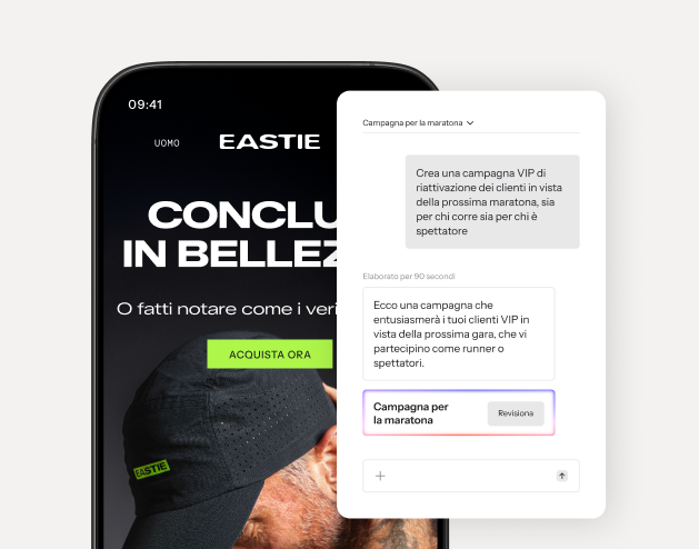 A smartphone displaying a fitness clothing website with an AI-powered pop-up suggesting a "Marathon campaign."