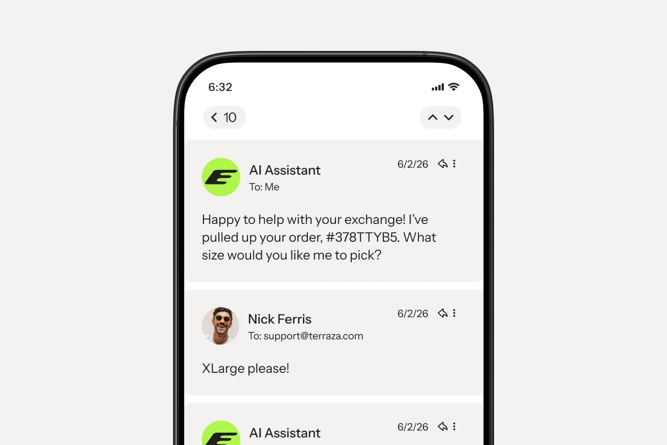 Smartphone displaying an email exchange with an AI assistant helping a customer choose a size for an order exchange.