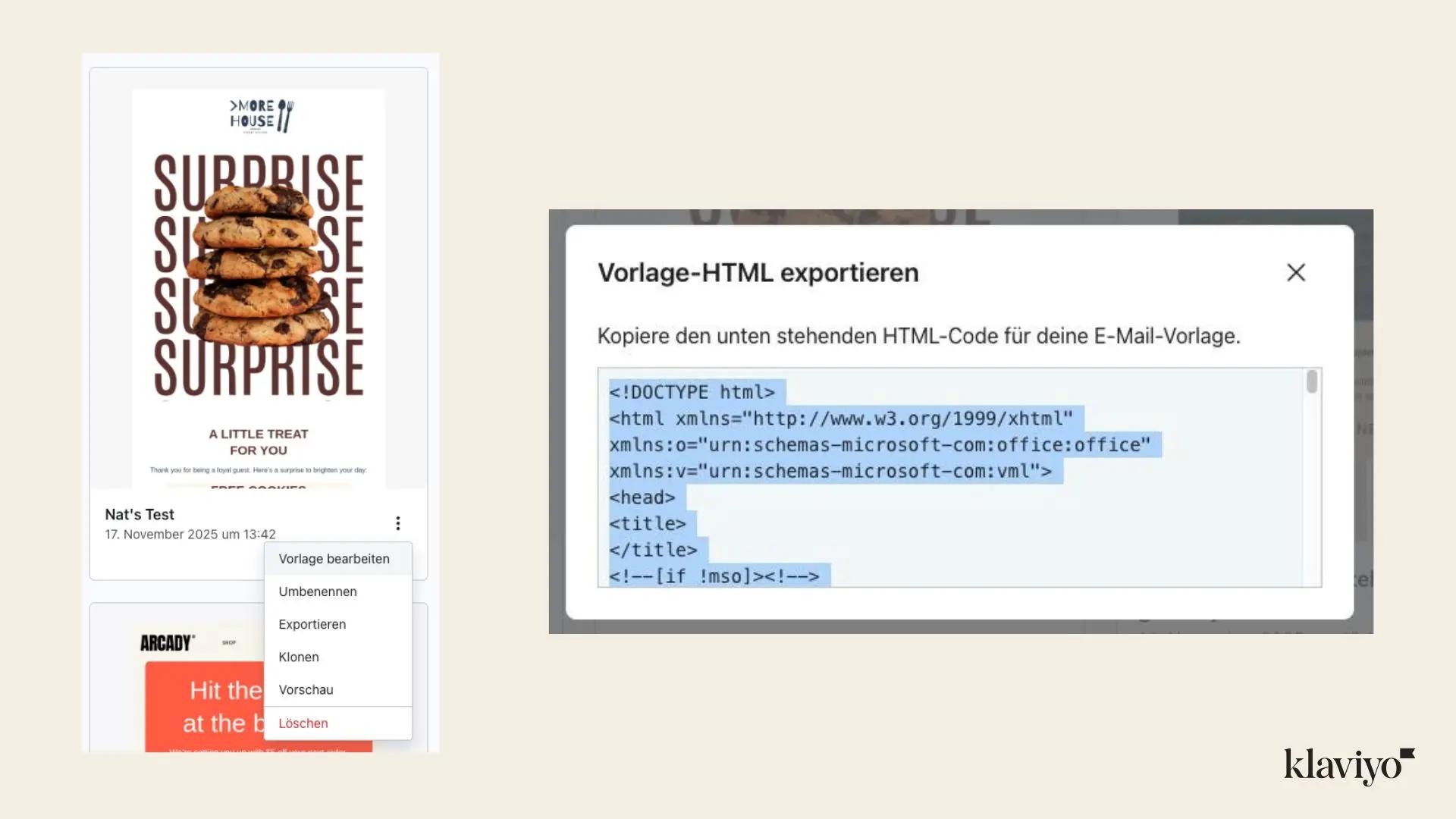 E-Mail-Vorlage mit dem Titel "Nat's Test" und Datum 17. November 2025. Rechts ein Fenster mit HTML-Code zum Exportieren.