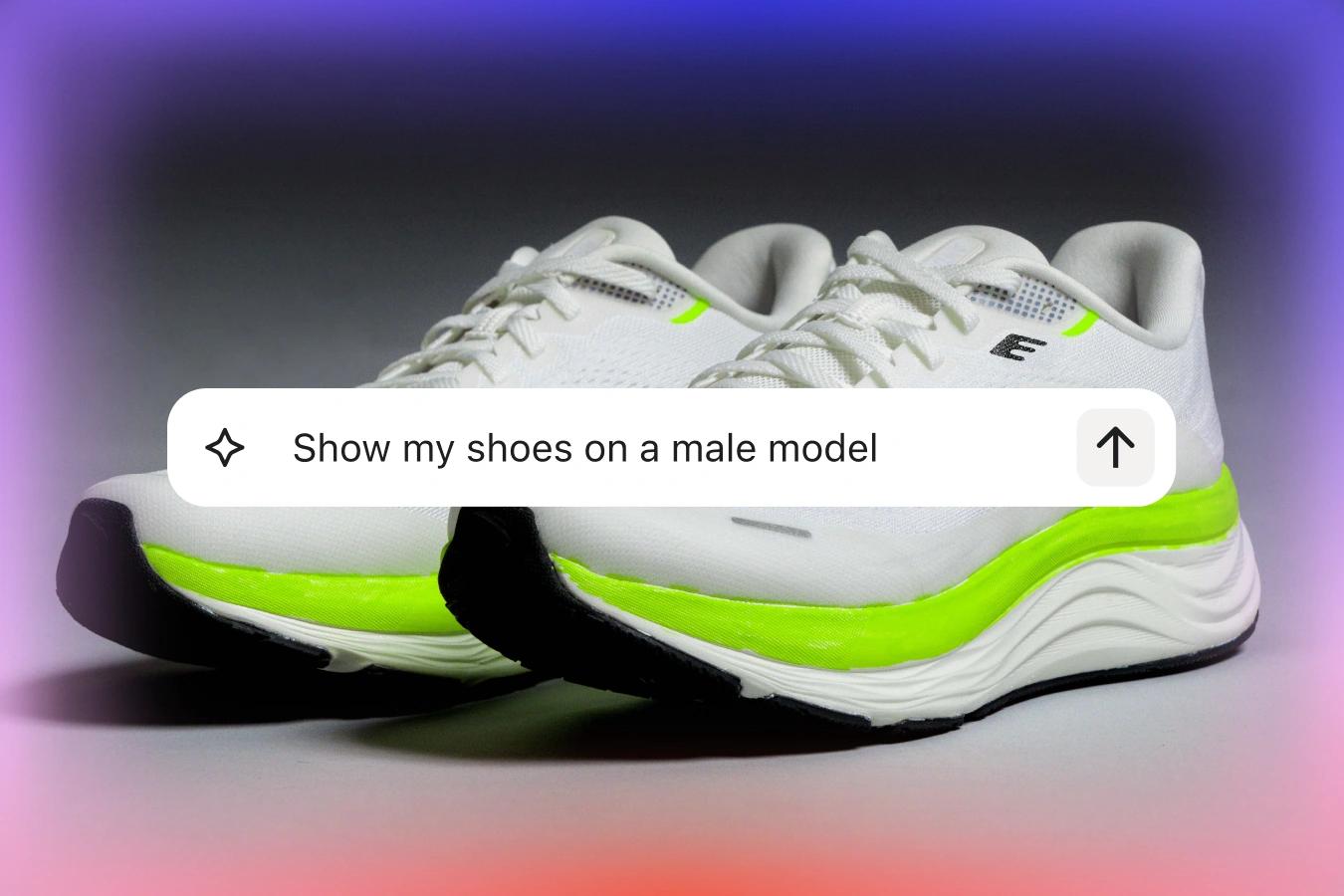 White running shoes with neon green soles behind an AI prompt reading “Show my shoes on a male model”