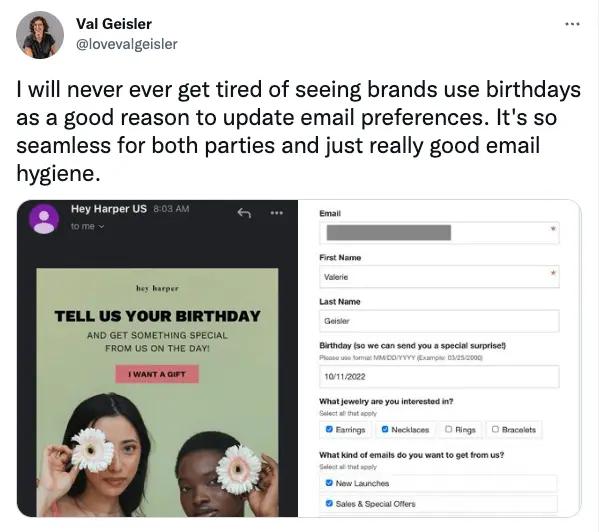 Image shows a Tween praising a birthday collection form