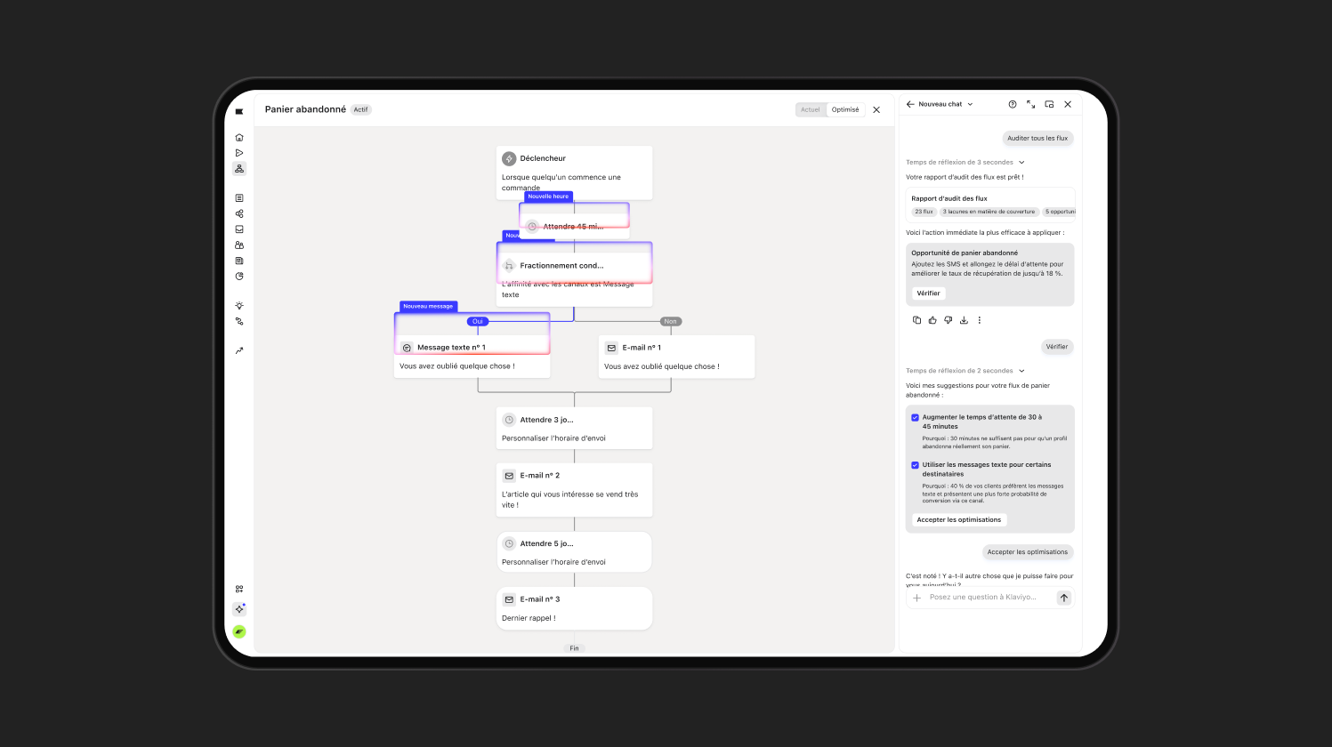 A digital tablet displaying an abandoned cart workflow diagram with optimization suggestions.