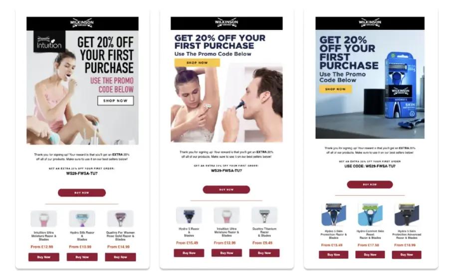 Three promotional banners for Wilkinson Sword offering 20% off first purchase with a promo code. Each banner features different razor products.