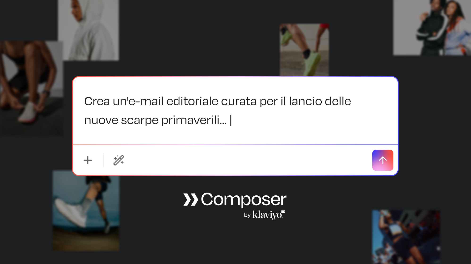 Klaviyo Composer interface showing an AI prompt to create an email for new spring shoes, with blurred athletic images in the background.