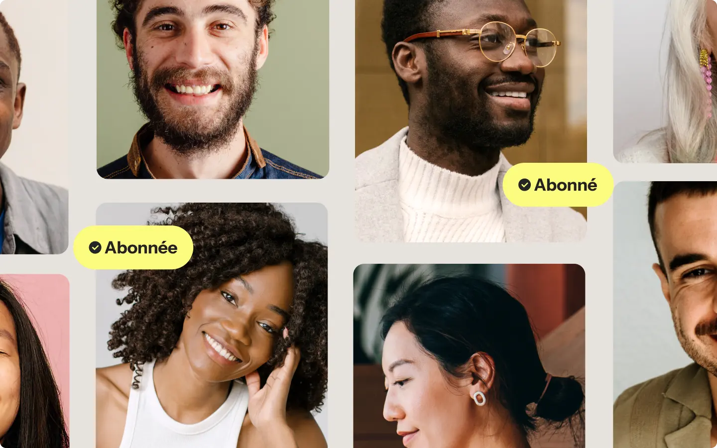 Montage de portraits de personnes souriantes avec des étiquettes "Abonné" et "Abonnée" en jaune.