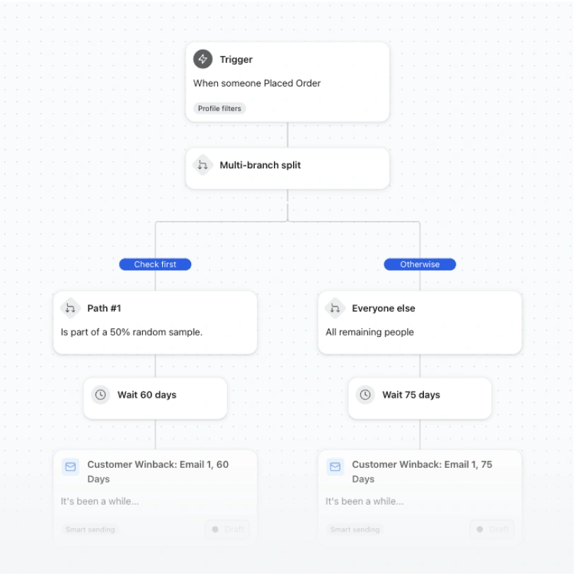 Customer winback workflow splits buyers into 60- and 75-day wait paths before sending emails.