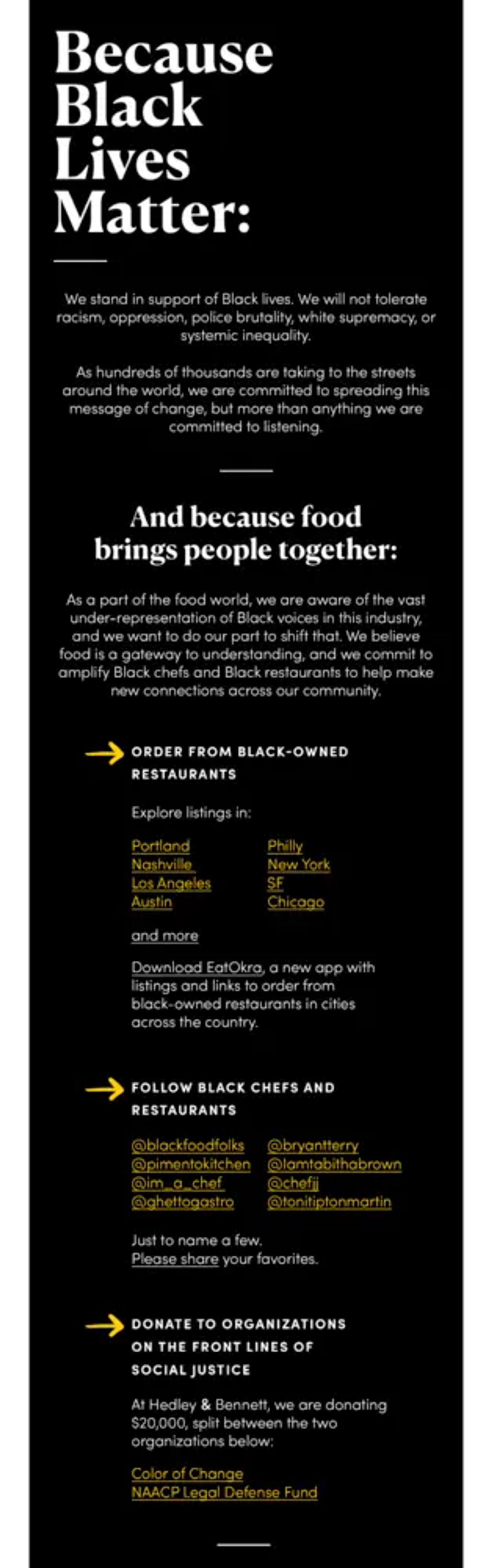 Image shows a text-based email with white text against a black background. Yellow arrows point to Black-owned businesses people can order from, Black chefs to follow on social media, and Black organizations to donate to.