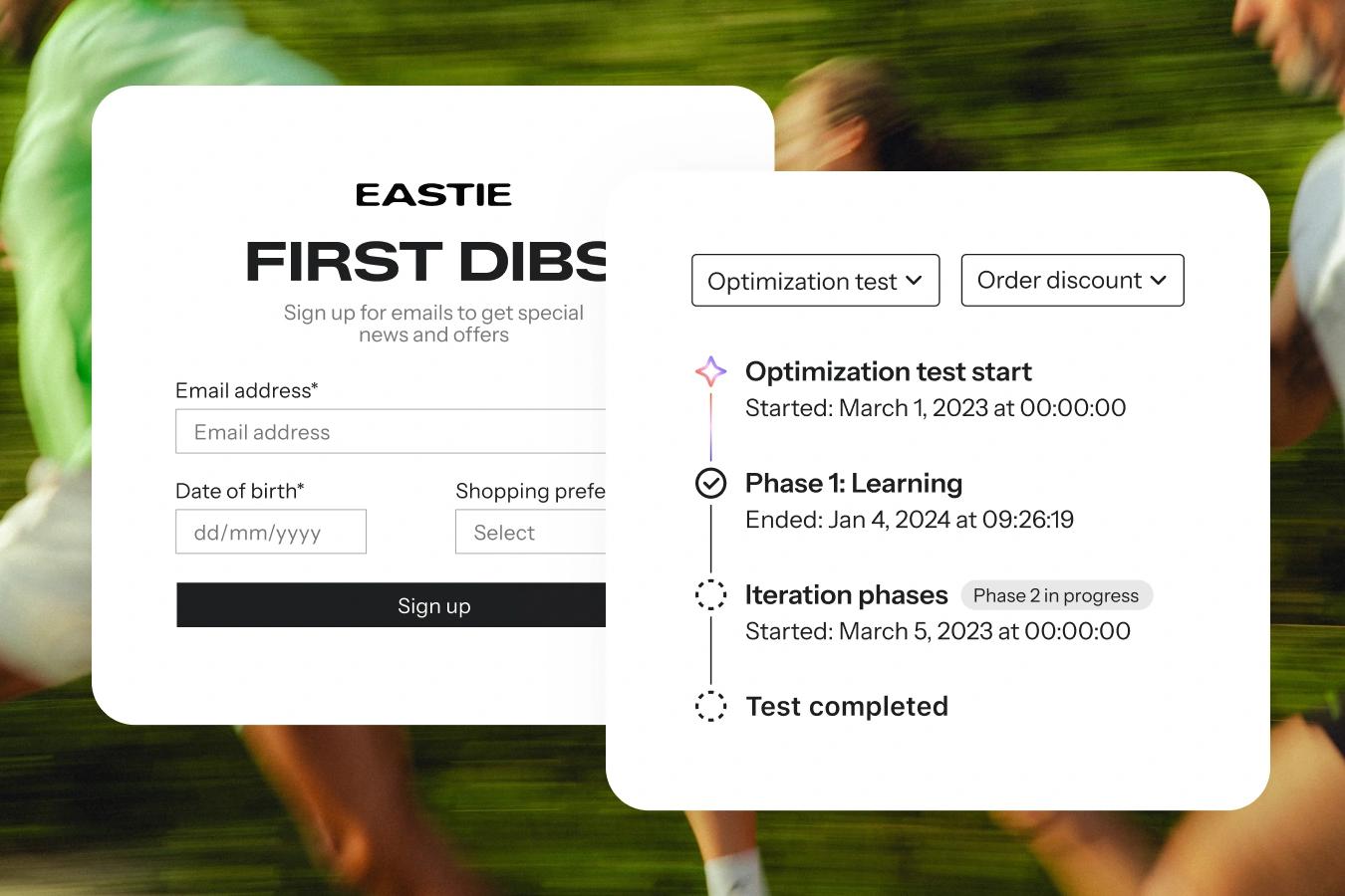 Email signup form and optimization test timeline over a blurred background of runners