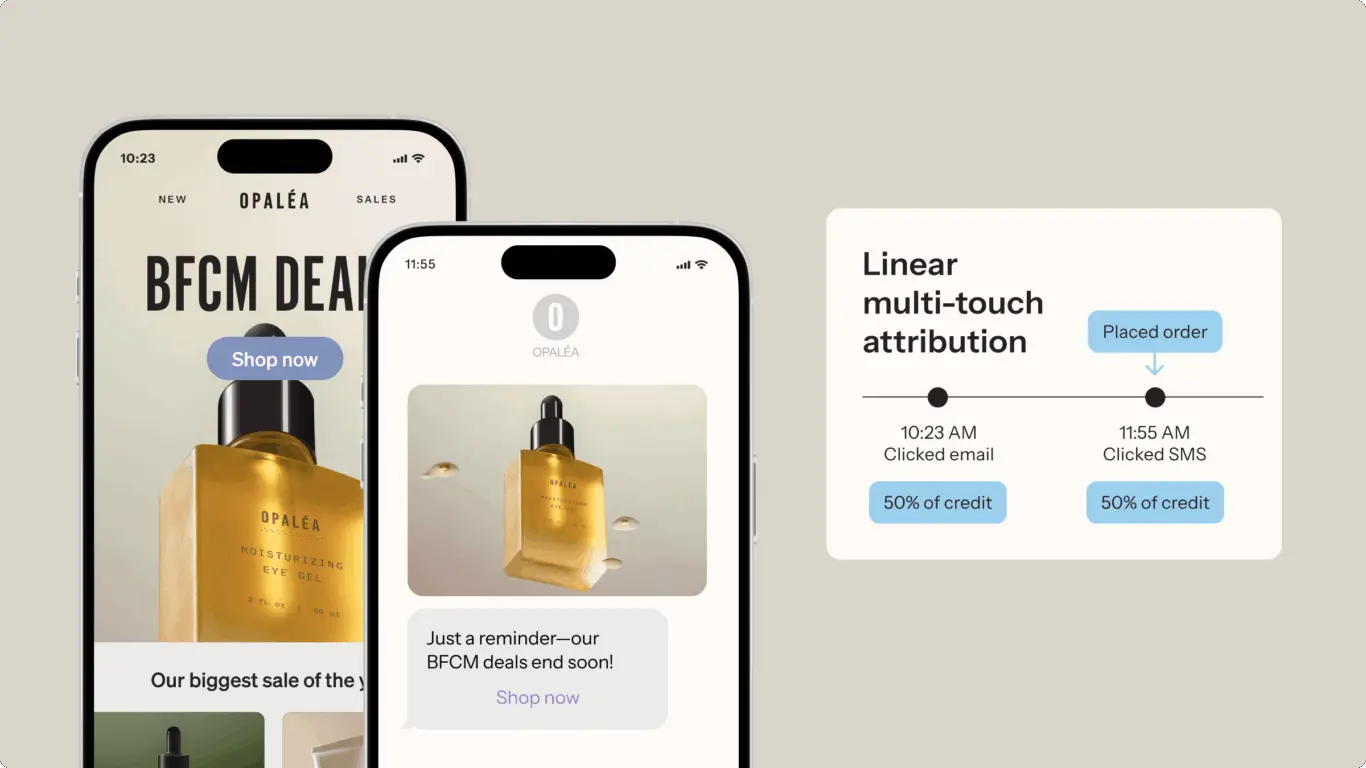 Two smartphones display Opaléa BFCM deals with a product image. A chart shows linear multi-touch attribution for email and SMS clicks.