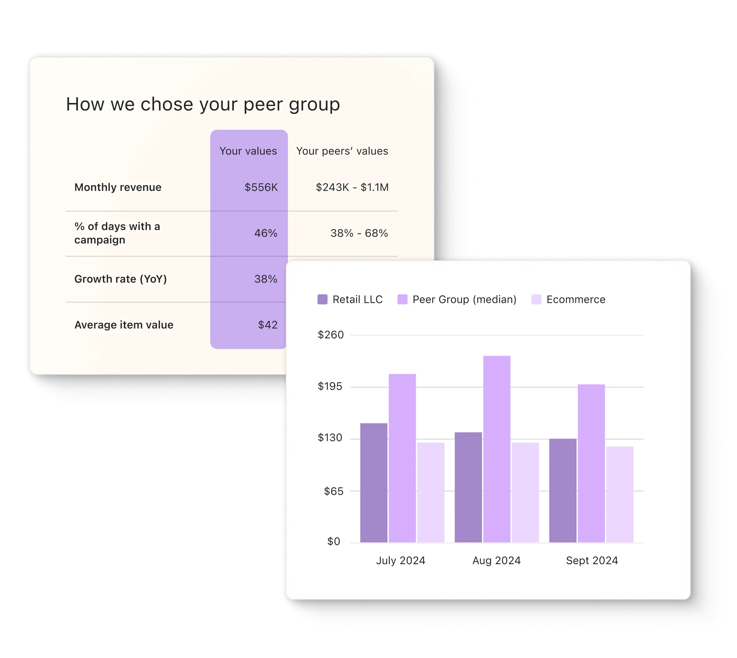Benchmark charts comparing a brand’s performance to its peer group and industry, along with metrics the peer group is based on.
