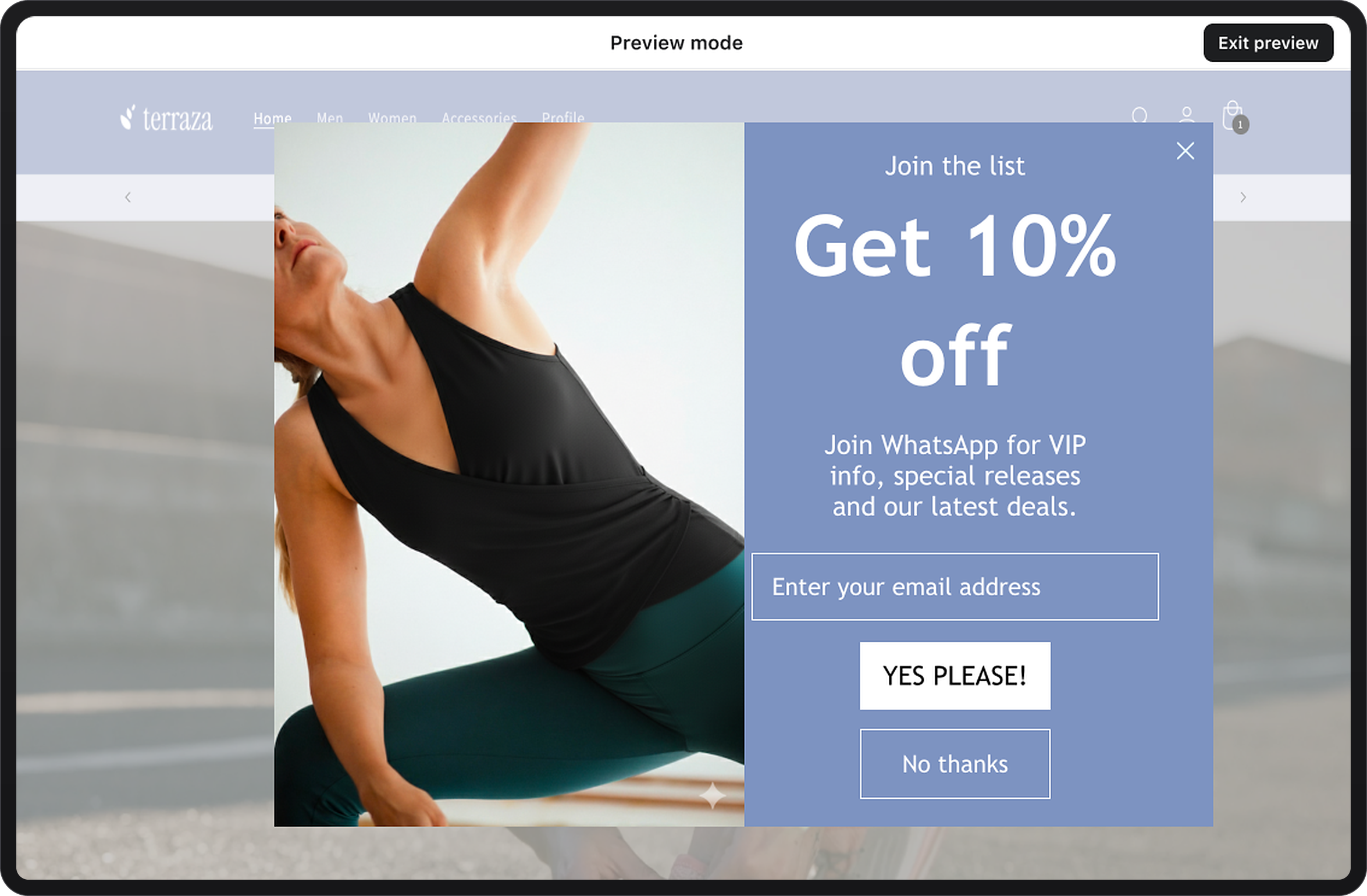 Website preview showing a pop-up offering 10% off for email sign-up, with a blurred image of a woman doing yoga in the background.