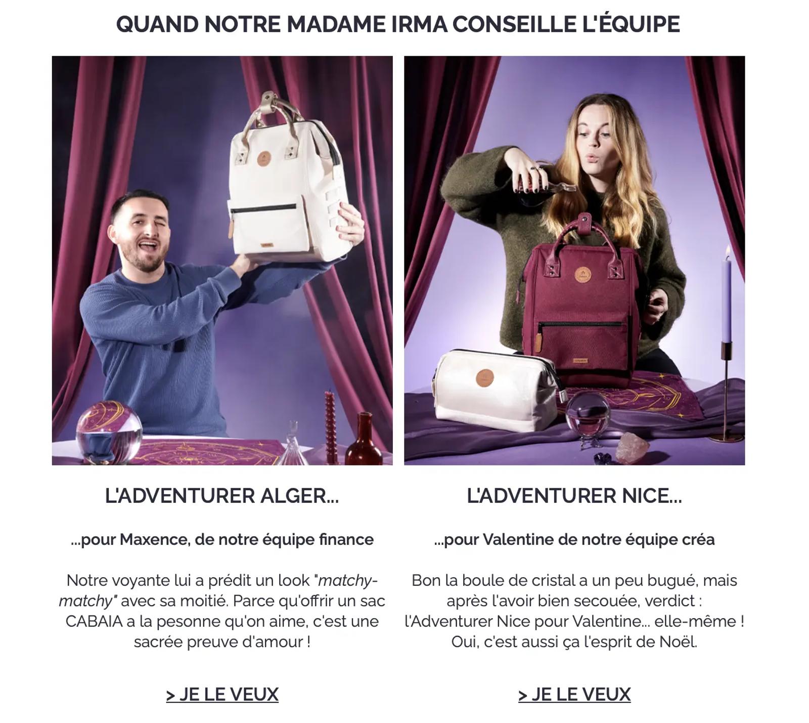 Newsletter Cabaia avec mise en scène de deux sacs à dos CABAIA Adventurer, présentés par des membres de l’équipe dans un décor inspiré de la voyance.