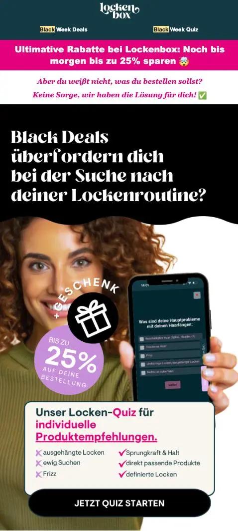Frau hält Smartphone mit Locken-Quiz, Text wirbt für Black Friday Rabatte bei Lockenbox, bis zu 25% Rabatt.