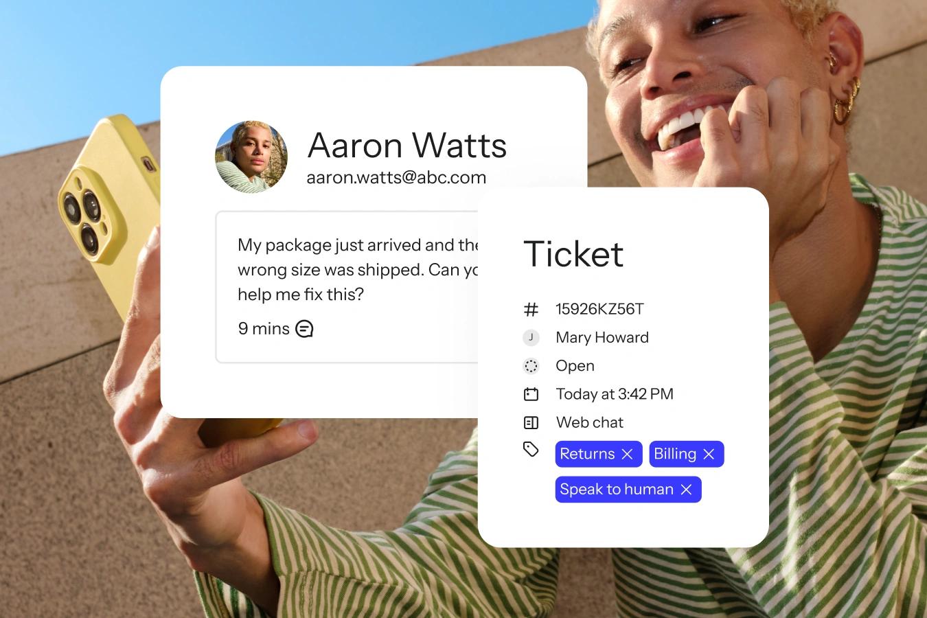 Smiling person holds a phone beside customer profile and support ticket overlays for a wrong-size package.
