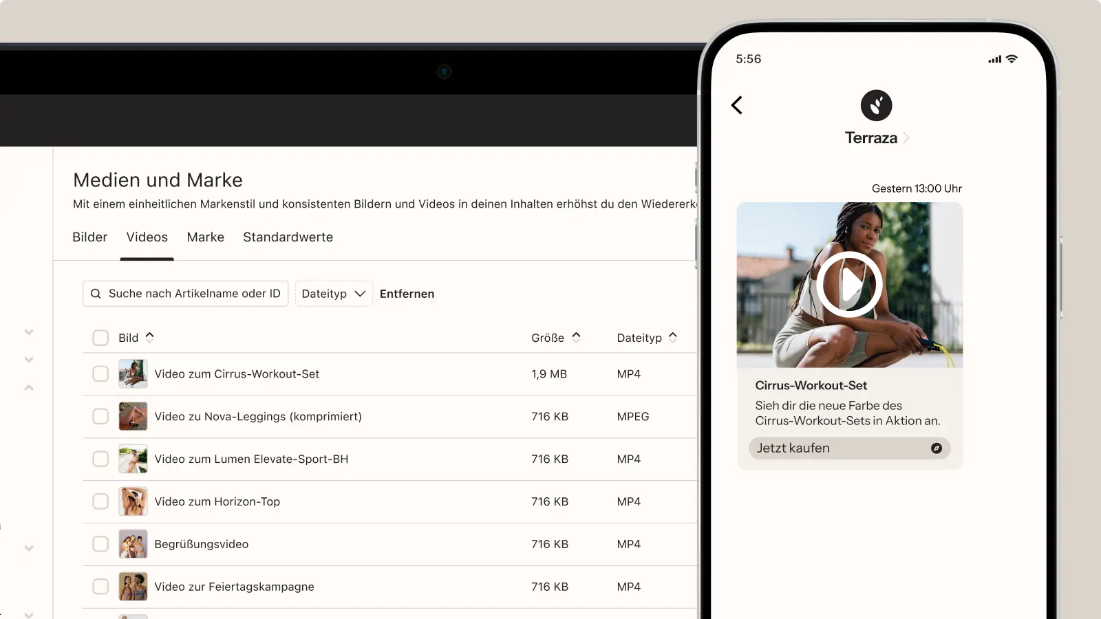 Laptop- und Smartphone-Bildschirm zeigen Medienverwaltung und eine Werbeanzeige für ein Cirrus-Workout-Set.