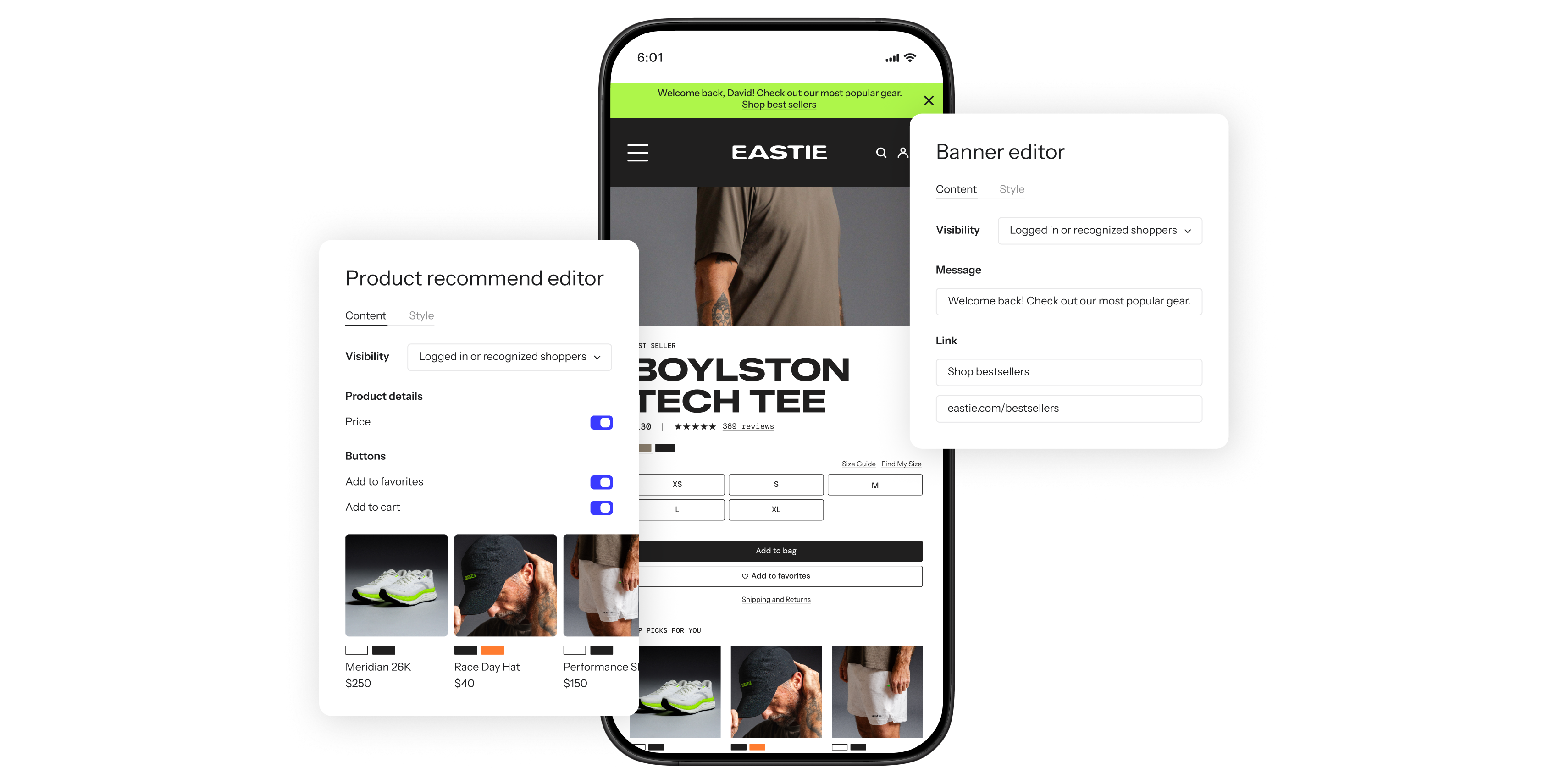 Mobile storefront product page flanked by product recommendation and banner editor panels.