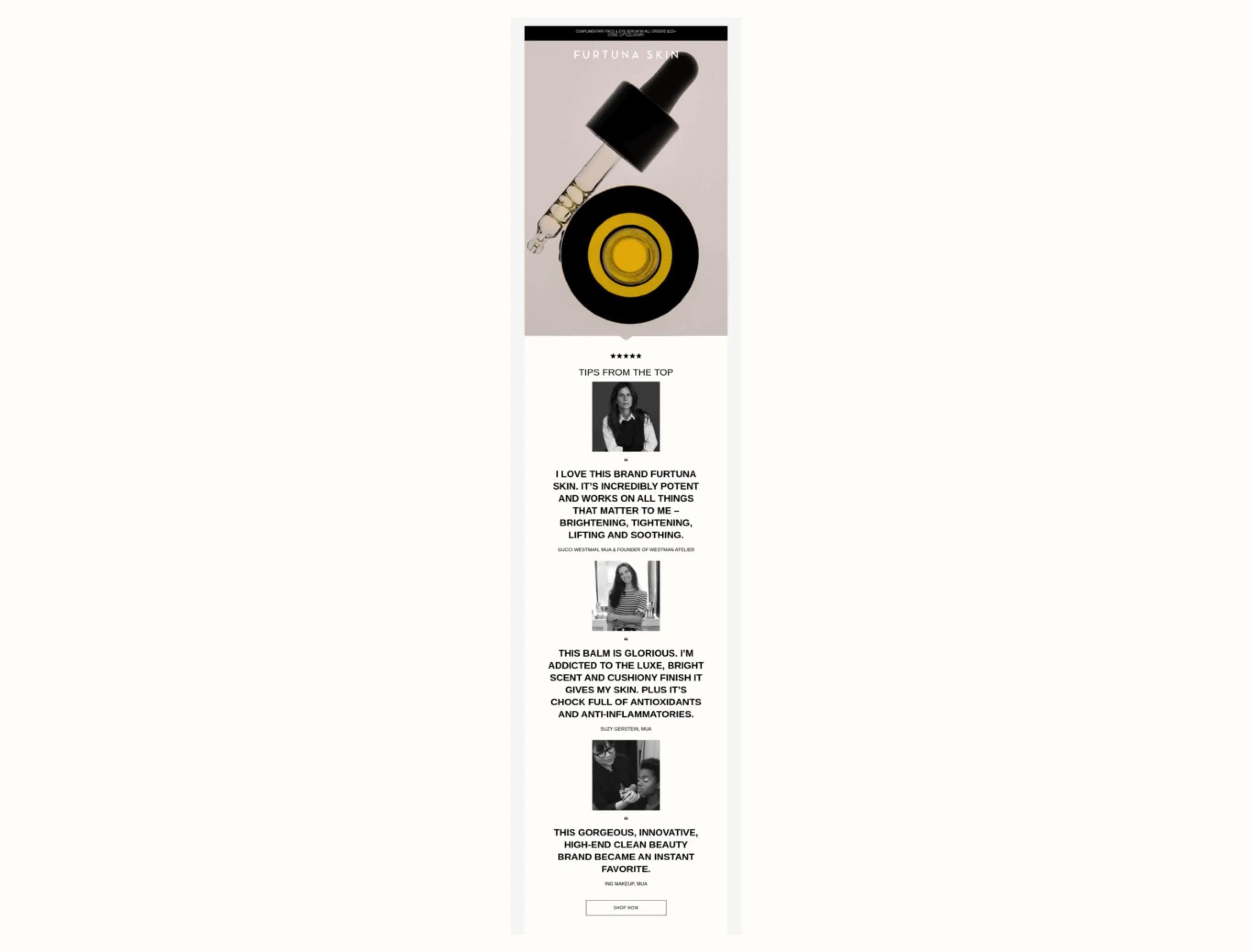 Furtuna Skin product review page with a dropper image and customer testimonials praising the brand's effectiveness and luxury.