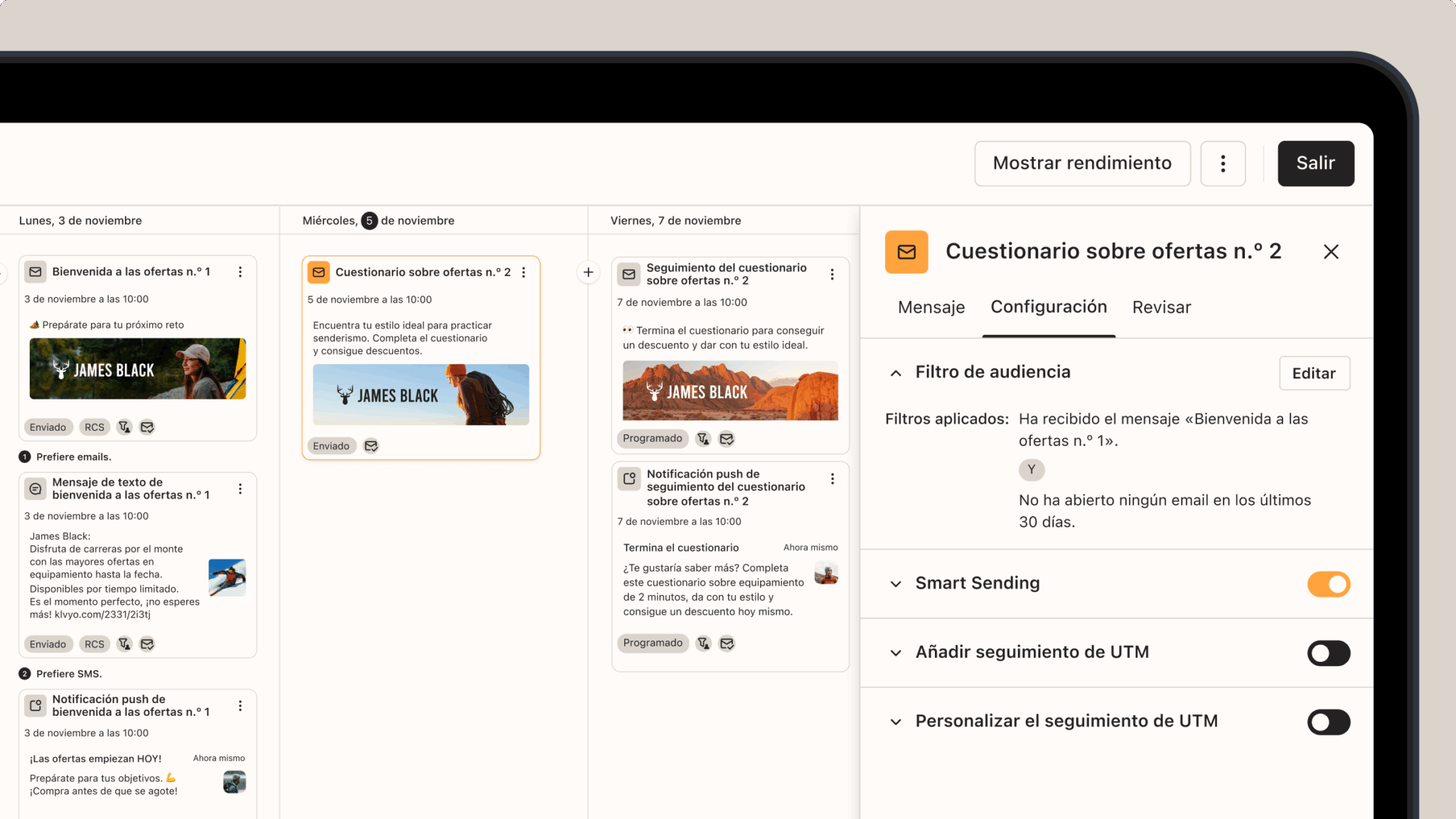 Pantalla de planificación de campañas de marketing con mensajes programados para los días 3, 5 y 7 de noviembre. Incluye configuraciones de filtro de audiencia y opciones de envío inteligente.