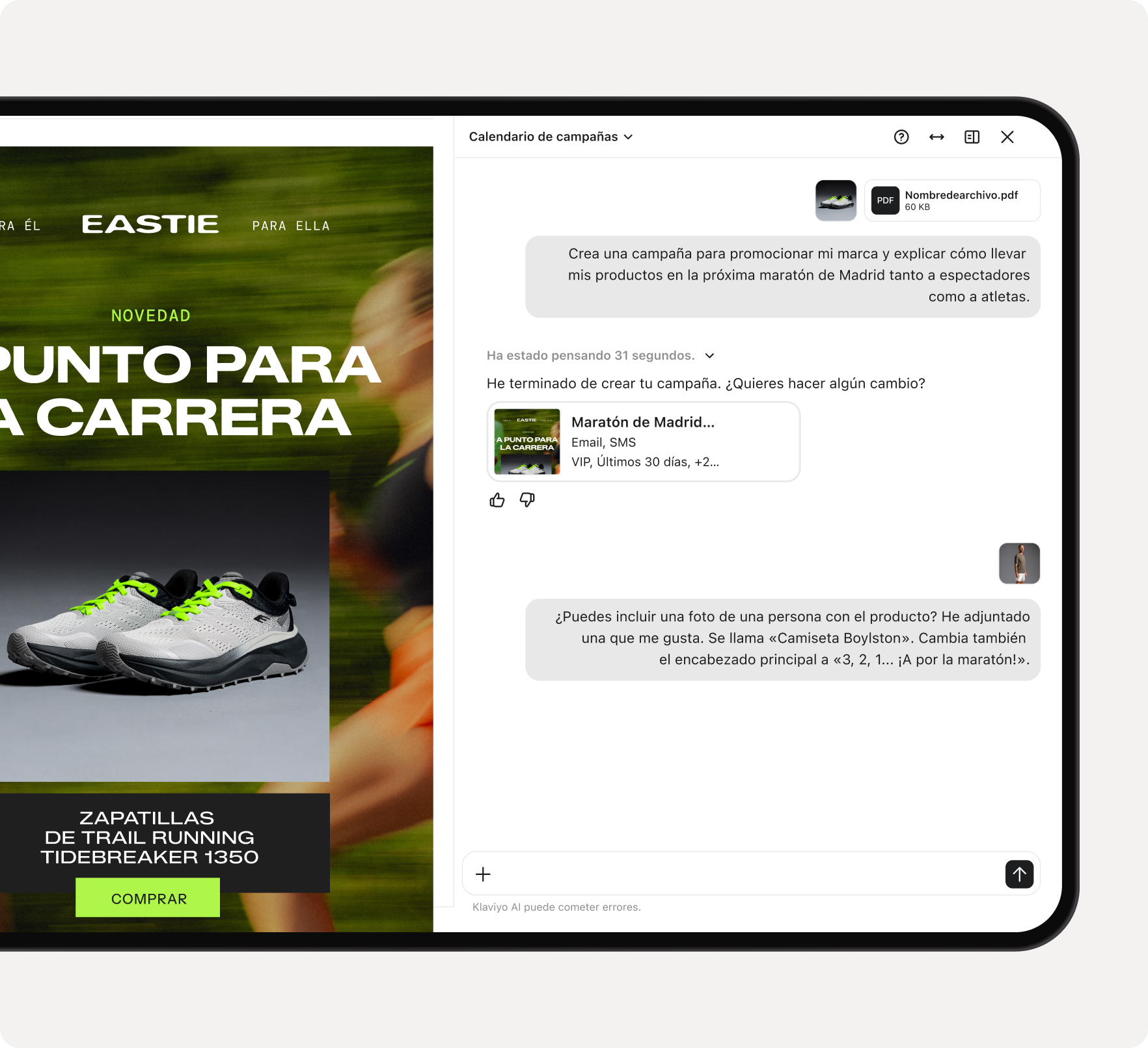 A laptop screen displays an e-commerce site featuring trail running shoes and an AI assistant generating and modifying a marketing campaign.