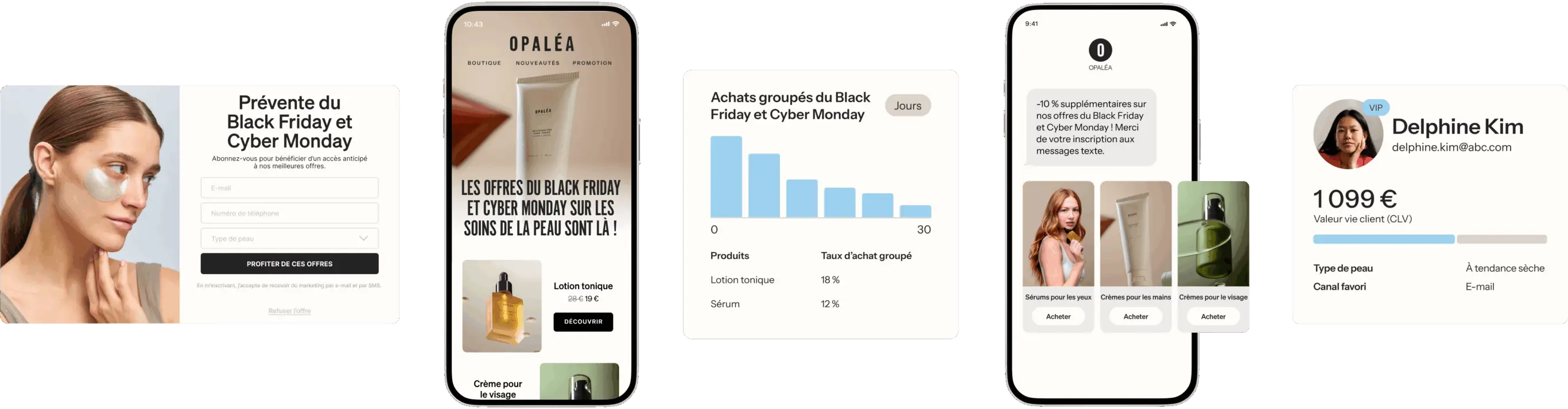 Montage de promotions Black Friday et Cyber Monday pour des produits de soin, incluant une inscription et des statistiques d'achat.