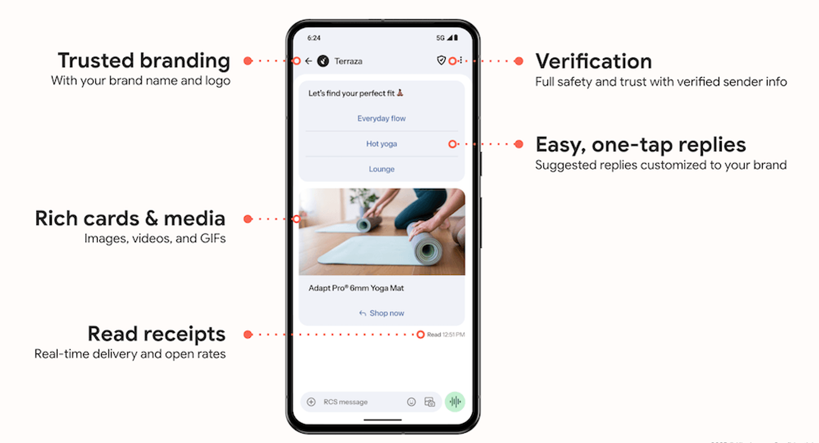 Smartphone displaying an enhanced business messaging interface, highlighting features like trusted branding, verification, rich media, one-tap replies, and read receipts.
