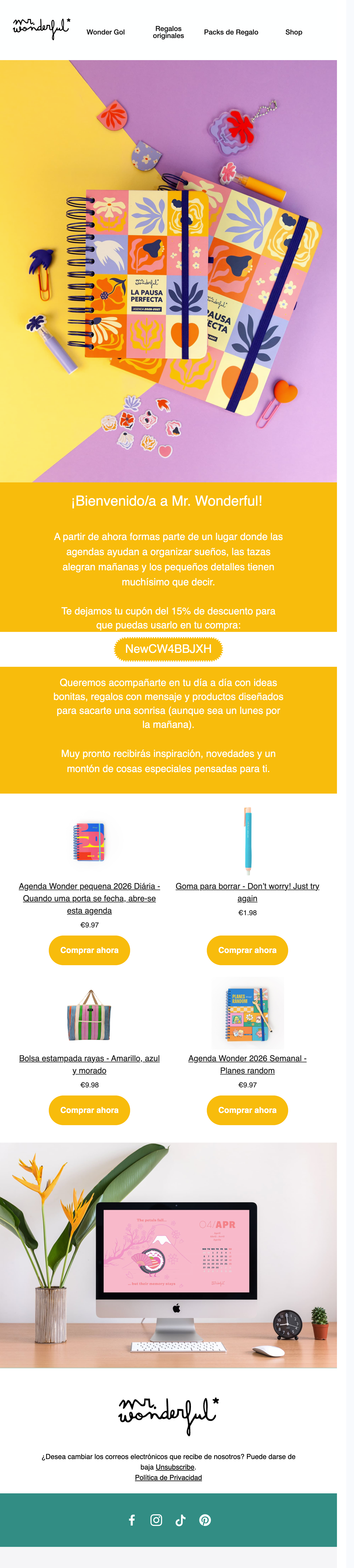 Mr. Wonderful email newsletter with a vibrant flat lay of notebooks and stationery, a discount offer, featured products, and a modern desk setup.