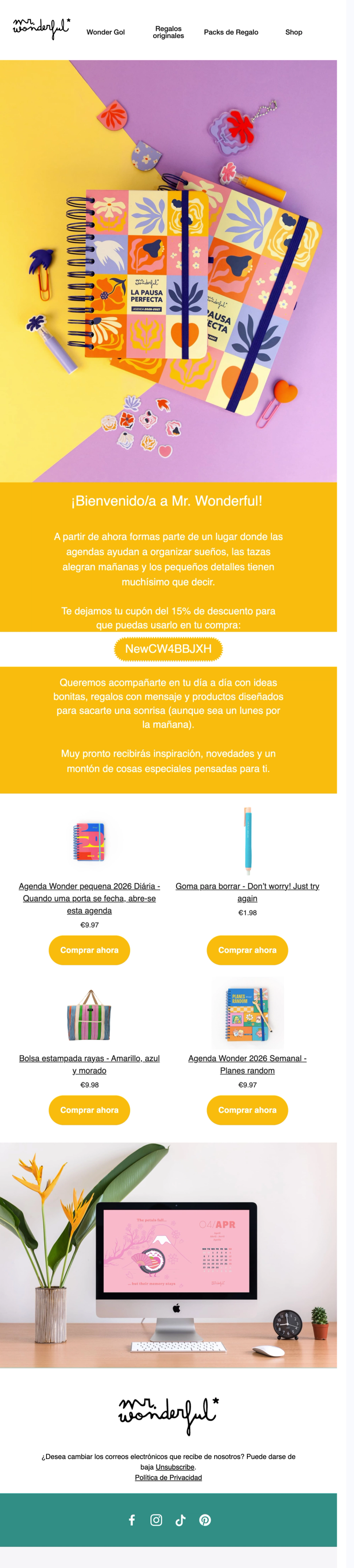 Mr. Wonderful email newsletter with a vibrant flat lay of notebooks and stationery, a discount offer, featured products, and a modern desk setup.