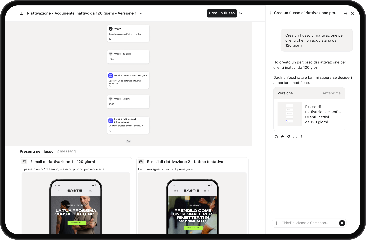 L'interfaccia di automazione marketing che mostra un flusso di riattivazione clienti su 120 giorni con due messaggi e-mail e un assistente IA.