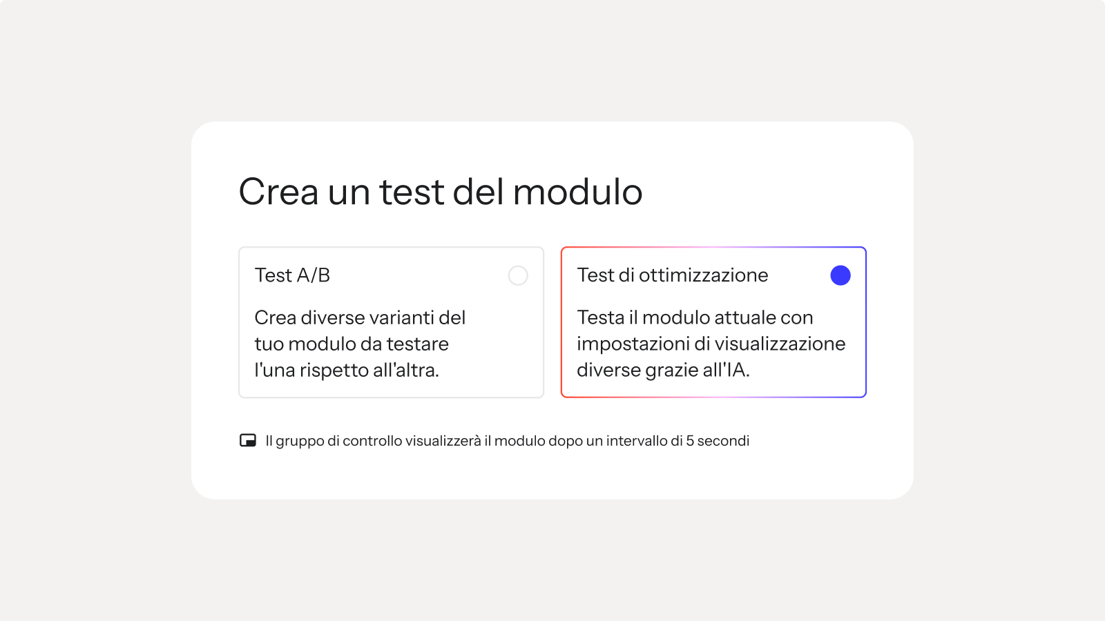 A dialog titled "Create a form test" with "Optimization test" selected, explaining it tests the current form with AI-driven display settings.