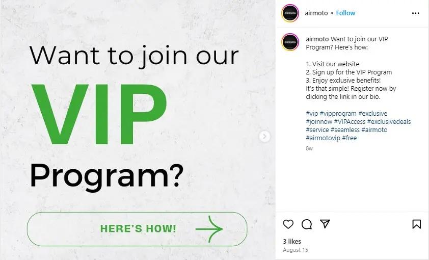 Graphic illustrating a VIP program on Instagram, emphasizing exclusive access and rewards for participants.