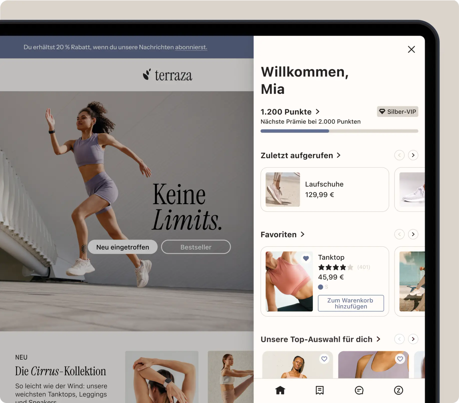Startseite des Klaviyo Customer Hub mit Treuepunkten, zuletzt aufgerufenen Artikeln und Favoriten