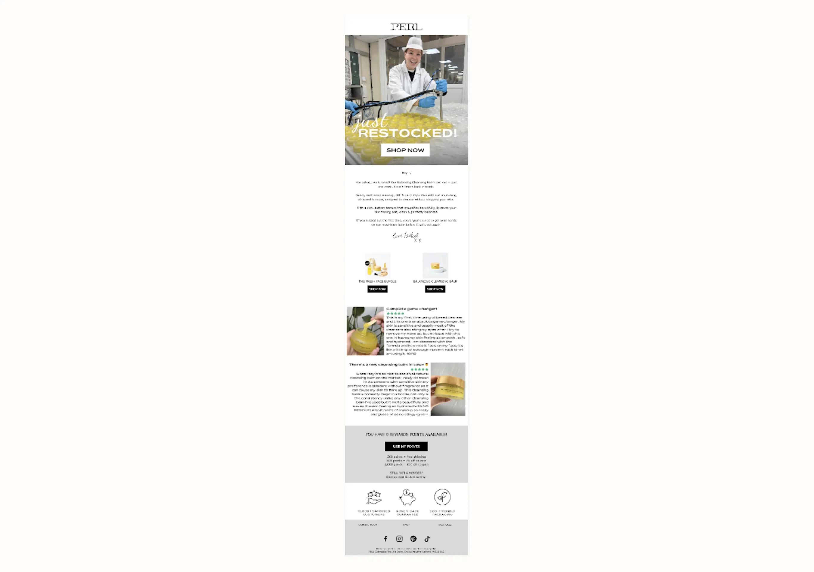 Email newsletter from PERL featuring a restocked product announcement, product images, and a "Shop Now" button.