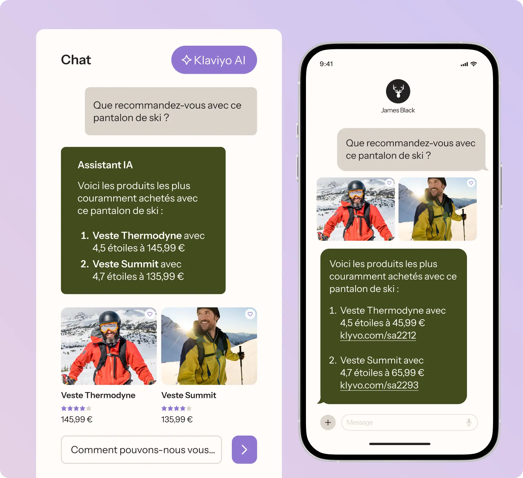 Deux écrans de chat montrant des recommandations de vestes de ski par un assistant IA, avec images et prix.