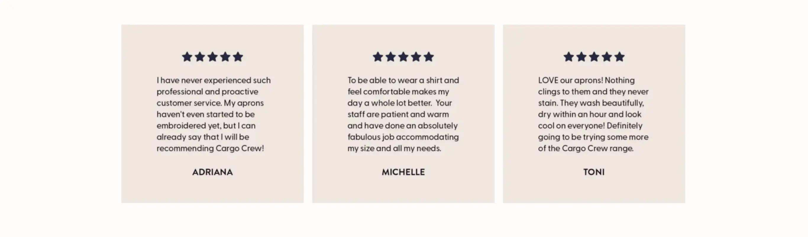 Three customer reviews for Cargo Crew, each with a five-star rating. Reviewers: Adriana, Michelle, and Toni.