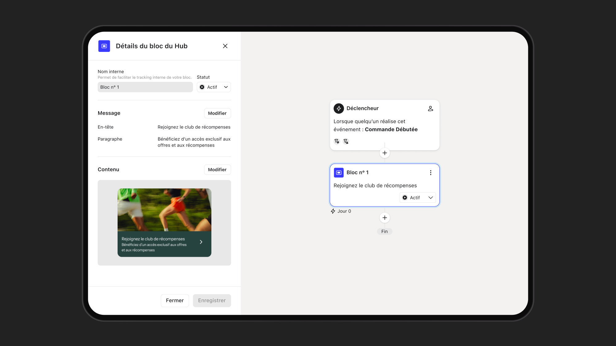 A software interface with two panels: on the left, an editor for a content block featuring a 'Join the rewards club' message and image; on the right, a workflow showing a 'Trigger' leading to that content block.