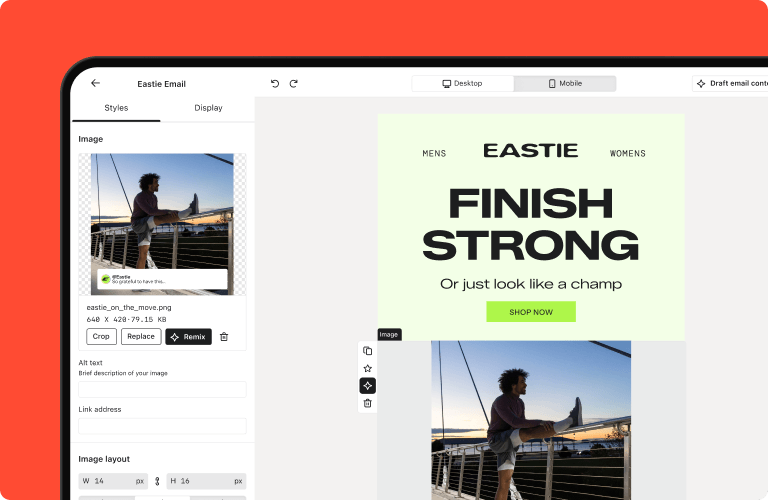 Digital interface displaying an Eastie email design with "Finish Strong" text and an image of a man stretching on a bridge.