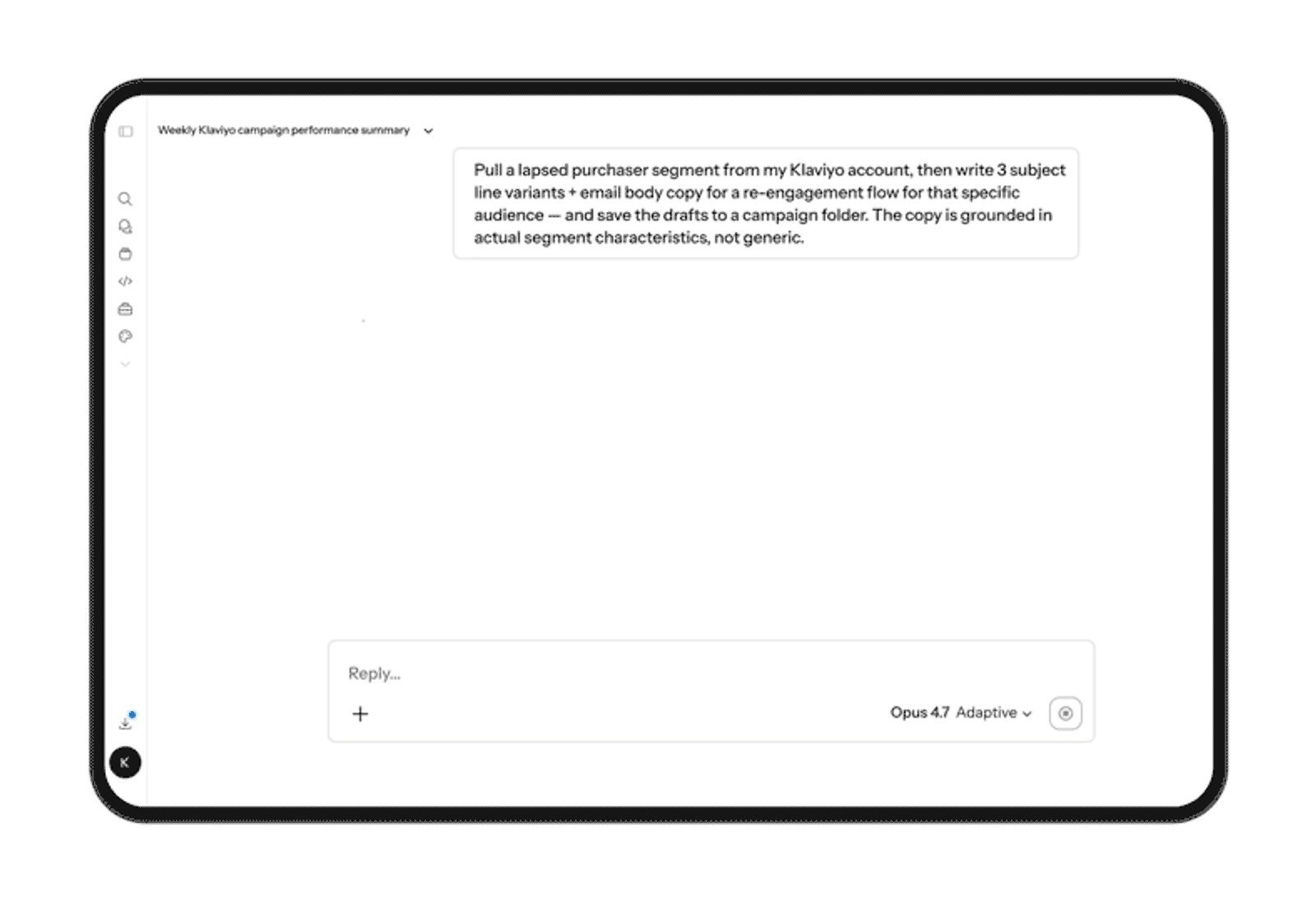 AI chatbot screen with a prompt to generate email marketing copy for lapsed customers.