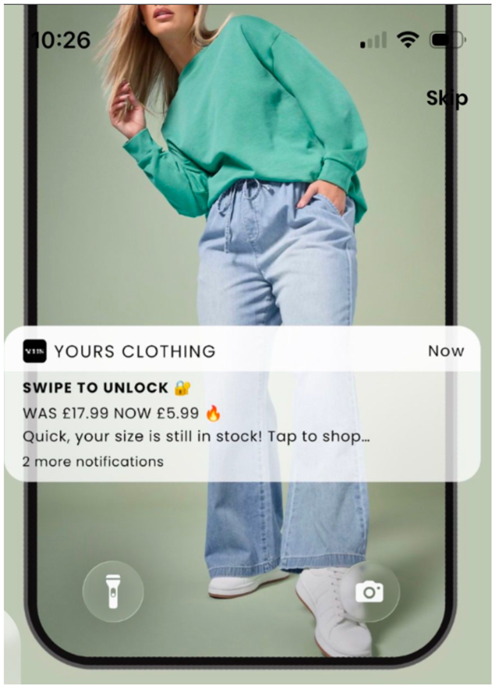 A smartphone screen displays a clothing ad with a woman in a green sweatshirt and jeans, overlaid with a "Yours Clothing" notification advertising a sale price of £5.99.