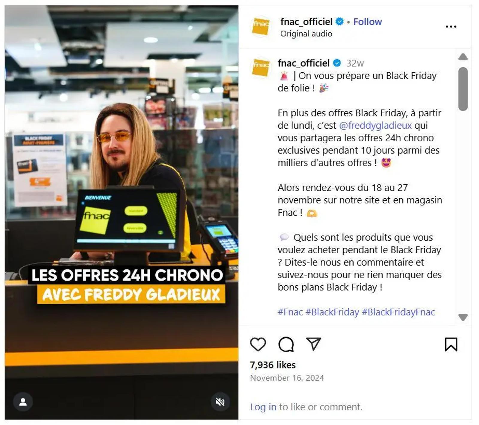 Publication Instagram de la Fnac annonçant le lancement de l’opération “Les offres 24h chrono avec Freddy Gladieux” pour le Black Friday. L’image montre l’humoriste derrière une caisse Fnac, accompagné d’un visuel dynamique aux couleurs de la marque. Le post crée l’attente en amont, avec une stratégie de teasing sur les réseaux sociaux avant la période officielle des promotions.
