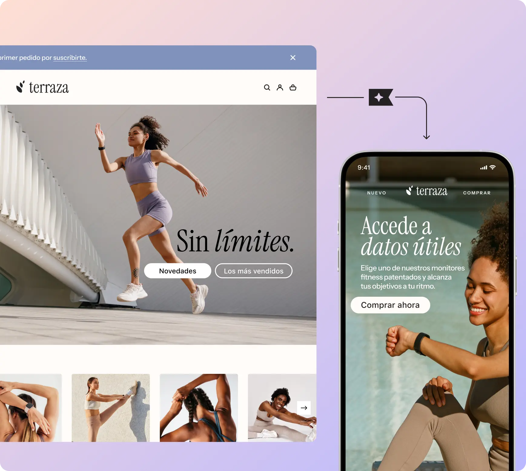Pantalla de una página web de fitness "terraza" con una mujer corriendo y texto "Sin límites". A la derecha, un móvil muestra "Accede a datos útiles".