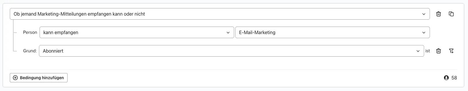 Benutzeroberfläche zur Segmentierung von Marketing-Mitteilungen in Klaviyo, zeigt Optionen für E-Mail-Marketing und Abonnements.