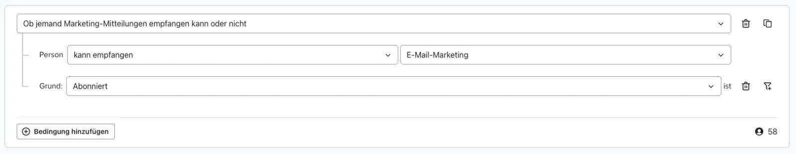Benutzeroberfläche zur Segmentierung von Marketing-Mitteilungen in Klaviyo, zeigt Optionen für E-Mail-Marketing und Abonnements.