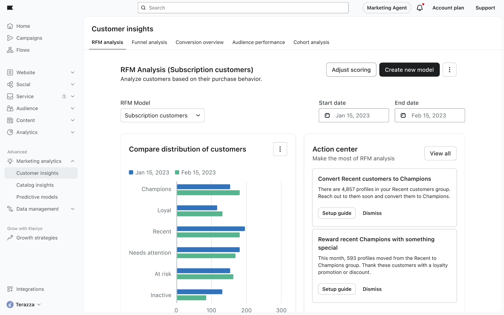 A customer insights dashboard displaying RFM analysis for subscription customers, with a bar chart comparing customer segments and an action center.